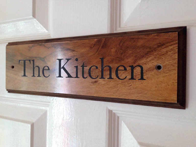 ALittleSign's tweet image. Kitchen door sign in Walnut effect laser engraved and cut by Little Signs