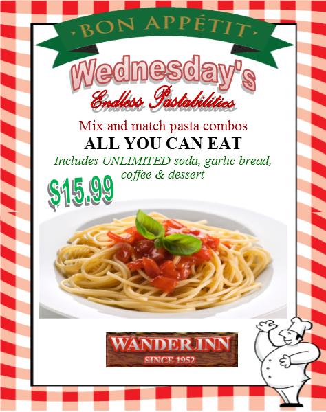 TheWanderInn's tweet photo. Tonights ENDLESS PASTABILITIES - all you can eat. Includes salad, garlic bread and dessert. https://t.co/miM5VqBFP8