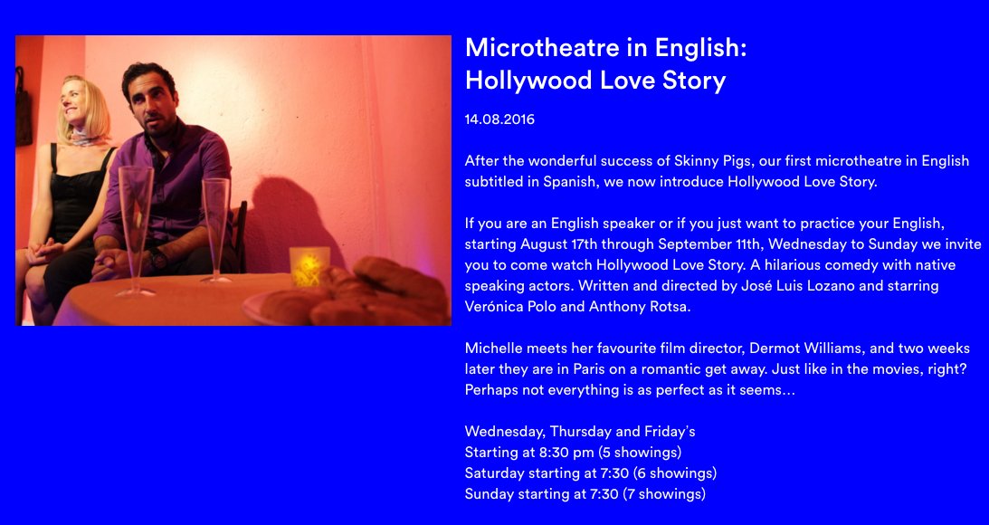 microteatro's tweet photo. ¿Quieres practicar tu inglés? Microtheatre in English: #HollywoodLoveStory #MicroHollywood de miércoles a domingo :) https://t.co/rgOzLpcQkg