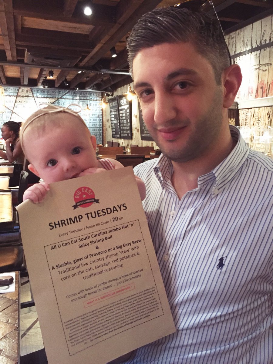 tinmandem's tweet photo. Esme's first trip to @BigEasyLondon last night.. the menu was delicious and she brought her own bib! 🍤 @sherbetjax https://t.co/4fU9mI1fJH