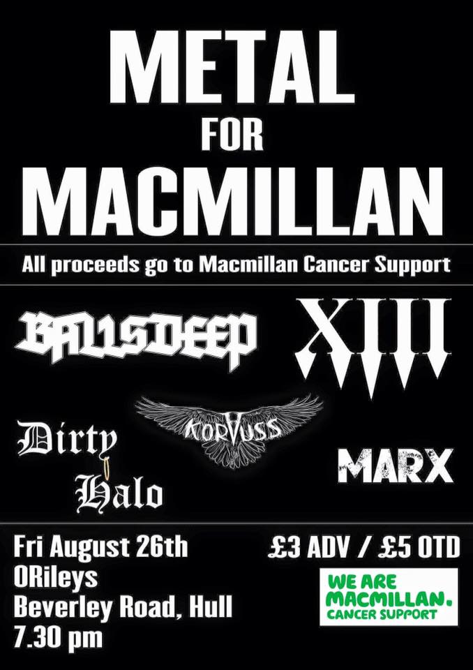 Myself, <a href="/korvussband/">Korvuss</a> @HaloDirty <a href="/ballsdeepuk/">Balls deep</a> &amp; <a href="/musicbyxiii/">XIII</a> <a href="/orileyshull/">O'Rileys Hull</a> this Friday in aid of <a href="/macmillancancer/">Macmillan Cancer Support</a>
