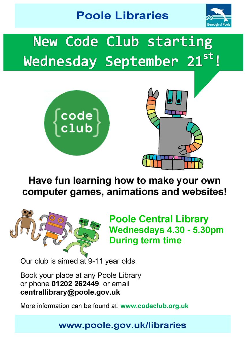 New Code Club for 9-11yrs starting Wednesdays from September 21st #PooleLibrary 4.30-5.30pm