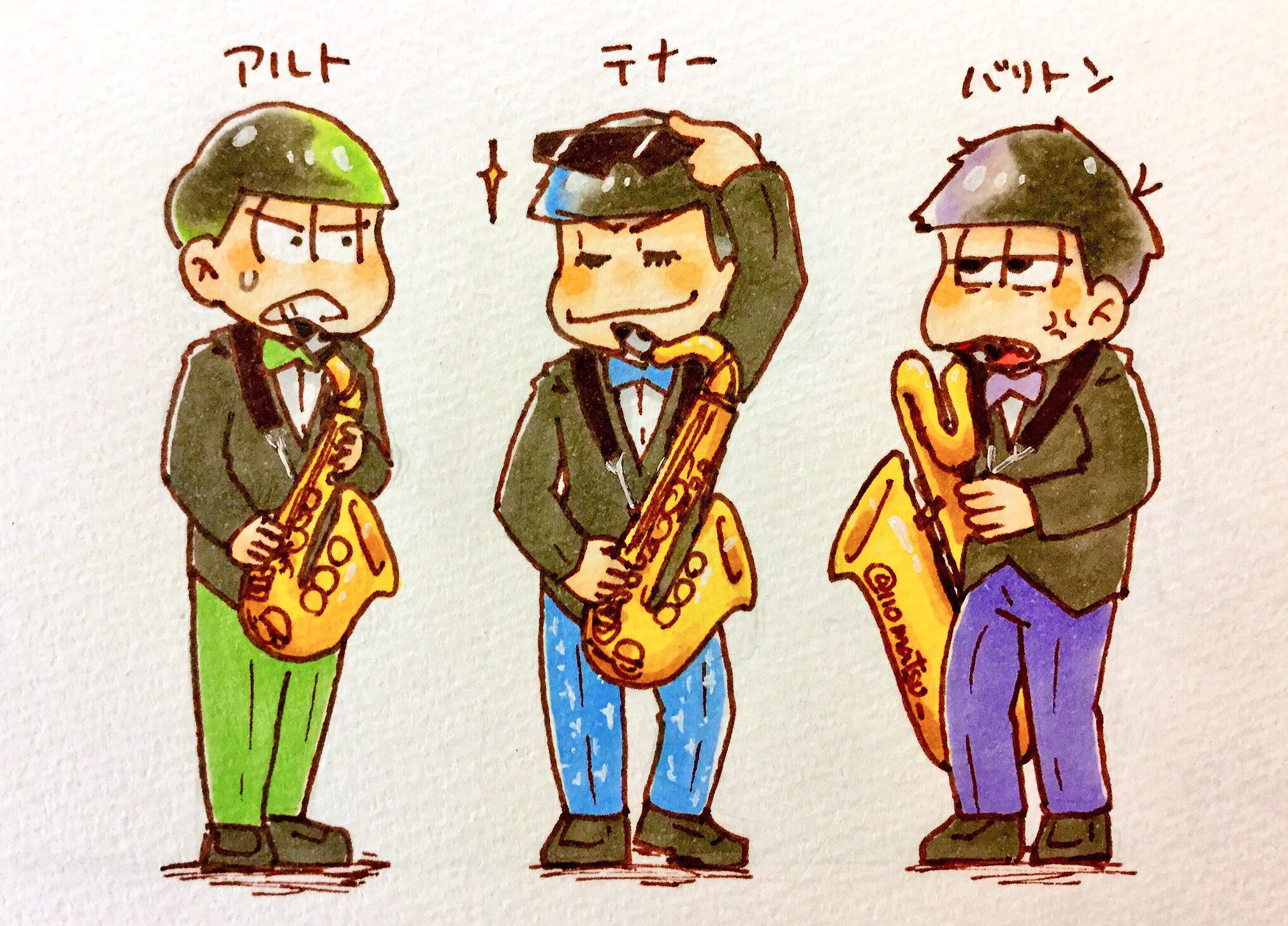 いと Twitter वर 吹奏楽松 こんな素敵なタグがあったなんて 今朝描いたアンサンブル松をまとめてみました 木管 サックス 金管トリオいかがでしょうか