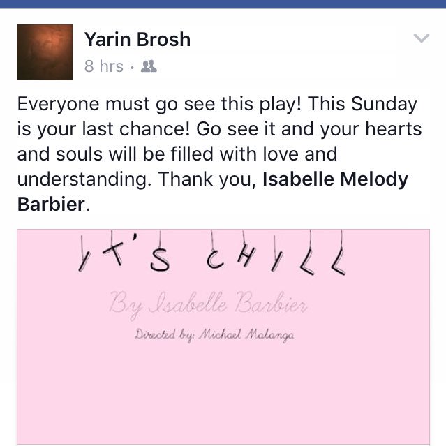 FlashbulbNYC's tweet photo. Yarin Brosh Thank You for coming last night! One more chance to see "It's Chill" by @Isabellefeeling @FringeNYC https://t.co/qPidqjOSY3