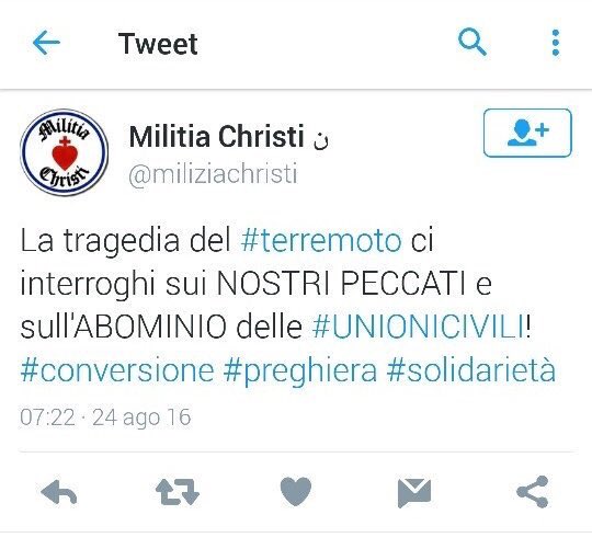 Iperbole_'s tweet photo. Per i talebani cattolici il #terremoto è colpa dei #gay

Vi salvate perché lui non esiste. Altrimenti sareste cenere https://t.co/3EapmHpq8n