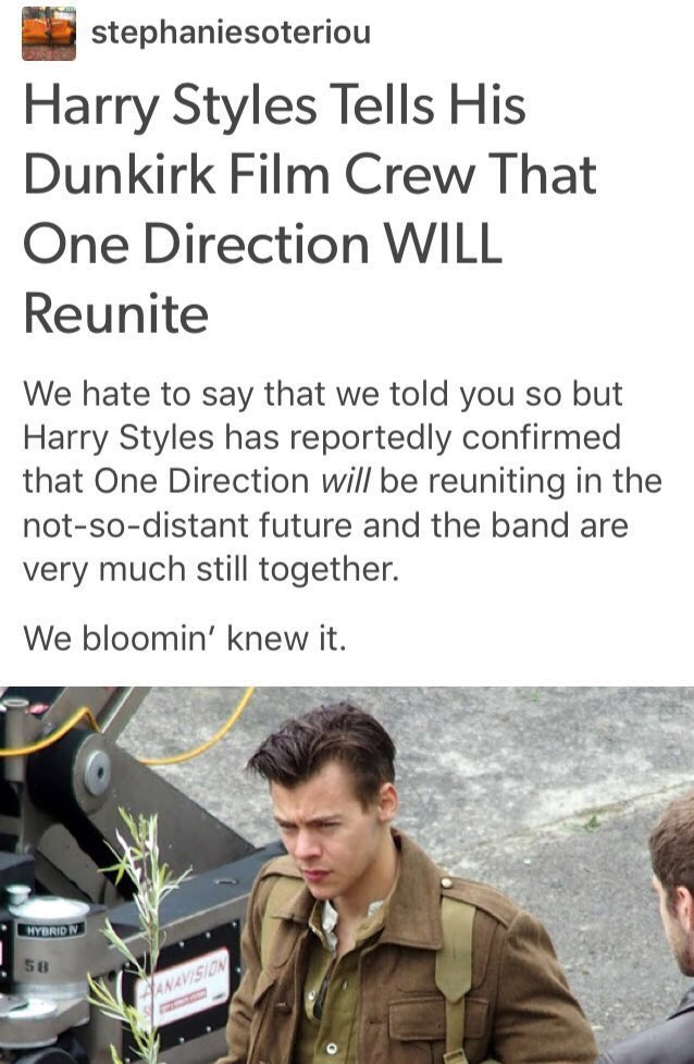 UpdatesHarrySFR's tweet image. #RUMEUR || Harry aurait dit à un membre du film Dunkirk que les 1D seront bientôt de nouveau réunis!