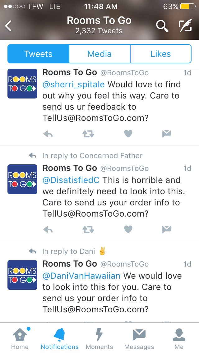 DisatisfiedC's tweet photo. It's a shame that so many customers are dissatisfied with your business, look at the first 3 @RoomsToGo #SCAMALERT https://t.co/vFHSLcSatE