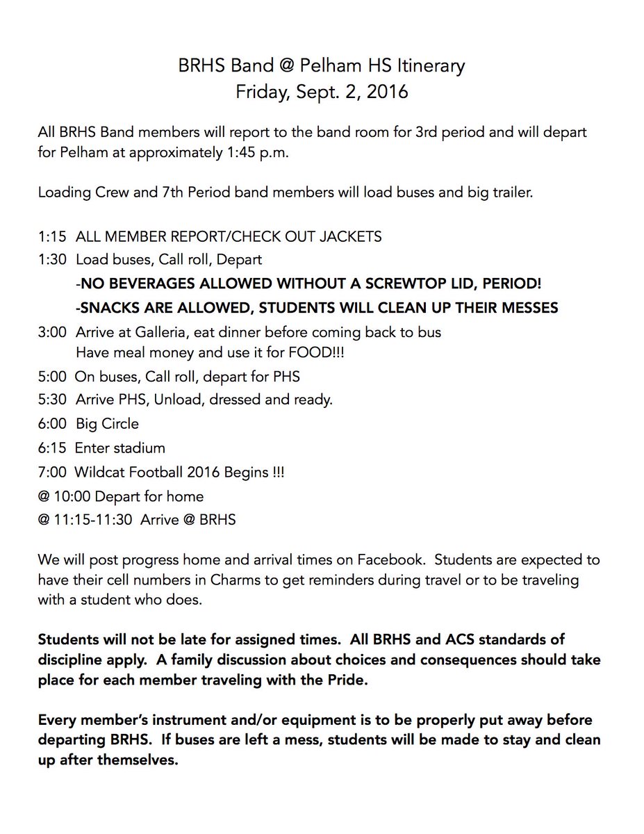 BRHSPride's tweet photo. Pride's itinerary for the Pelham game 9/2.
#weRBR #PACRocks #MILTB https://t.co/lXZP4sxLAE
