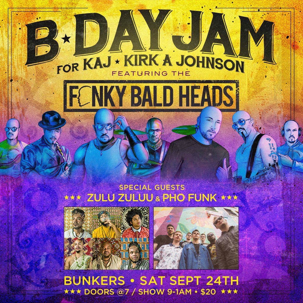 FonkyBaldHeads's tweet photo. New event #FBH army! Sat Sept 24th @ Bunkers MPLS. Party with ZULUZULUU &amp; PHO FUNK https://t.co/BebwA89UCj https://t.co/HhllD4PXbm