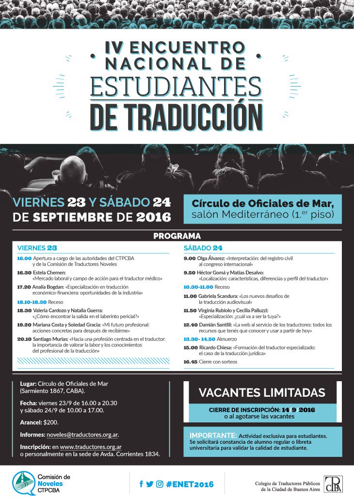 tradugeek's tweet image. IV Encuentro Nacional de Estudiantes de Traducción, 23 y 24 de septiembre en la CABA.
Único e inigualable.
#ENET2016