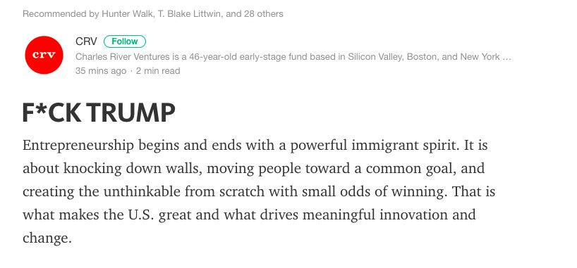 techinboston's tweet photo. "The @CRV partnership   rejects Donald Trump’s candidacy for Pres. of the United States." https://t.co/COAWdNsdGp https://t.co/VC9uyj8zD1