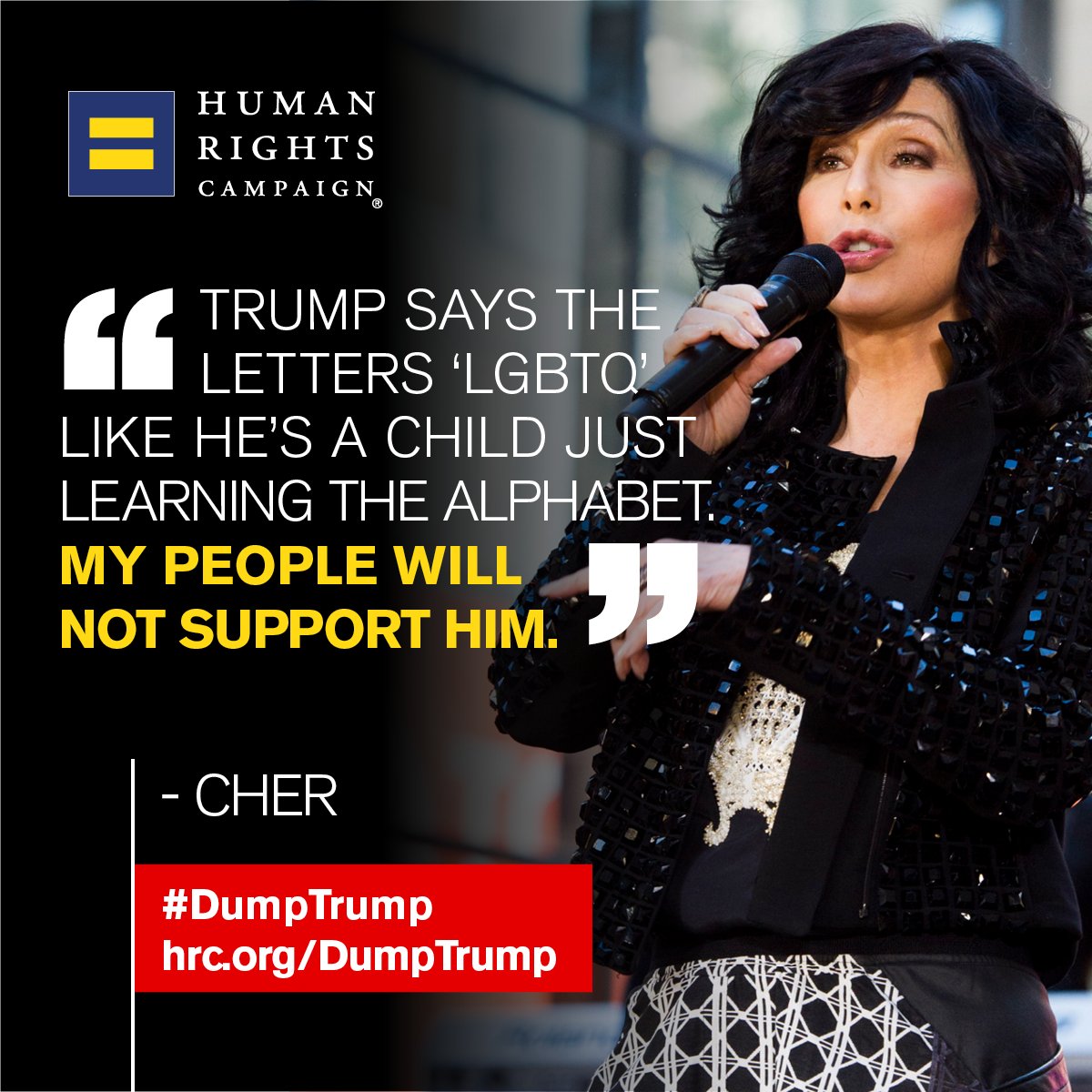 HRC's tweet image. We&apos;re with @Cher on this one: #DumpTrump.