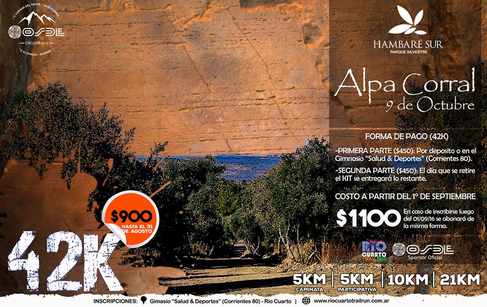 ALPA CORRAL Trail Run - Córdoba - 9 de octubre
Caminata 5 Km / 5 Km / 10 Km / 21 Km / 42 Km
riocuartotrailrun.com.ar