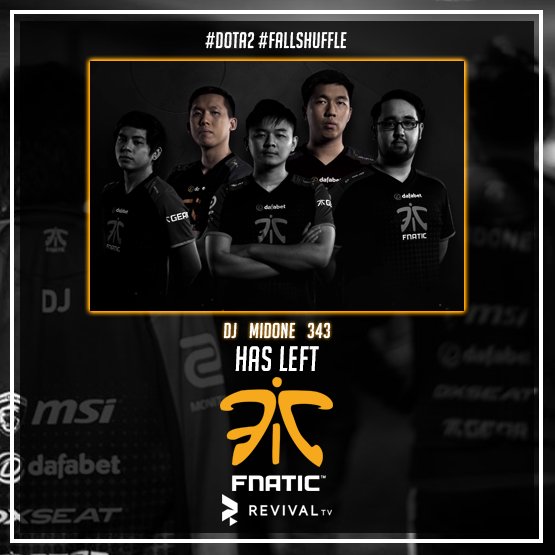 RevivaLTVid's tweet photo. DJ. Midone, dan 343 resmi keluar dari Fnatic

Wah Team SEA yang bisa dibilang paling solid juga melakukan shuffle ~ https://t.co/zBgB5YDIxQ