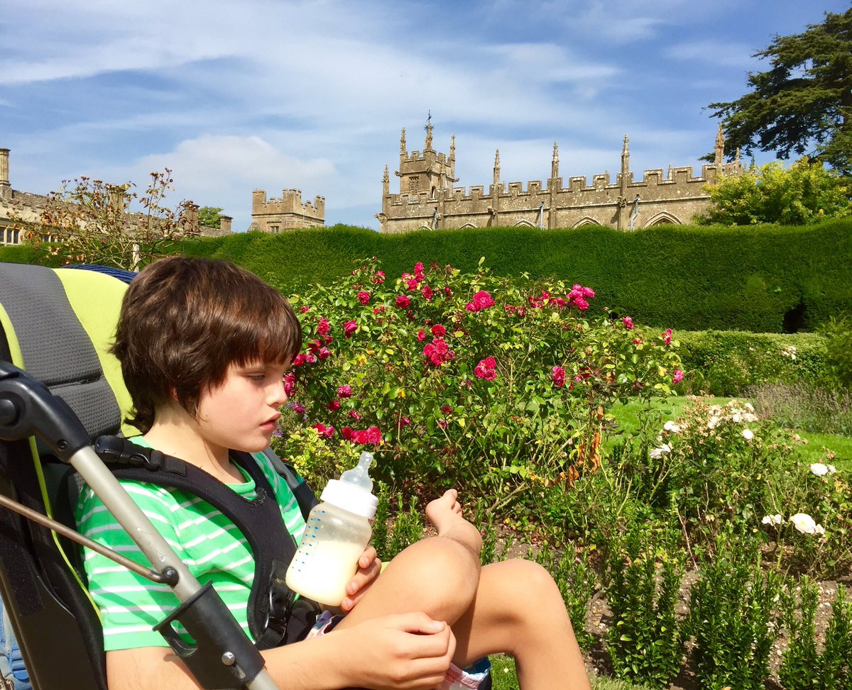 BeckyAnneMartin's tweet photo. Coast enjoying his #milk on #heatwave day by the beautiful, scented roses @SudeleyCastle #disabilityadventures https://t.co/ethrW3yE0b