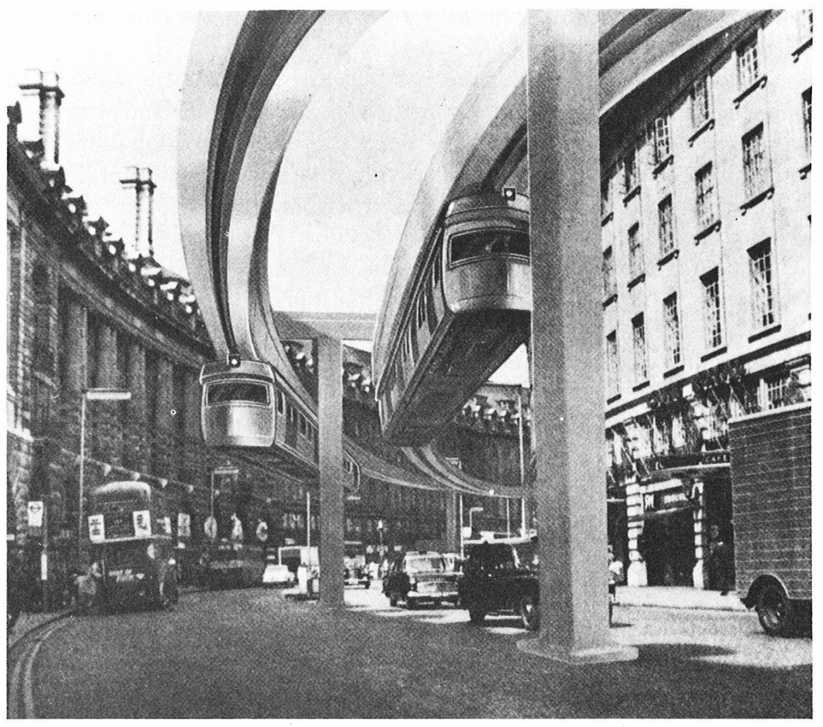 Elevated monorail for Regent Street showing carriages flying high above the road and its buses.