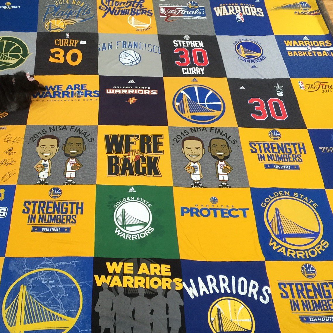 warriors's tweet photo. The ultimate #DubNation quilt, courtesy of #Warriors Season Ticket Holders Paul and Francine Anderson! https://t.co/YC6UtCN0ny