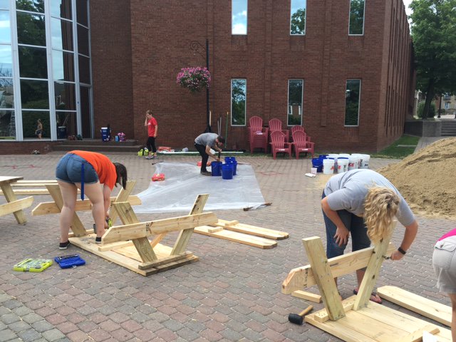 Thanks to all our volunteers who helped build &amp; paint picnic tables this evening! #fallsbetterblock