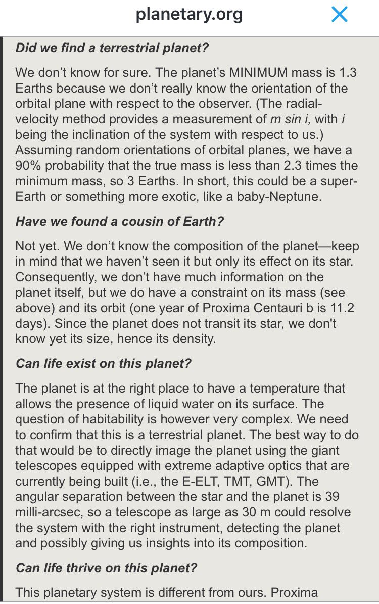 Screenshot of some of the text from the article (about if it's a terrestrial planet, whether life could exist, etc)