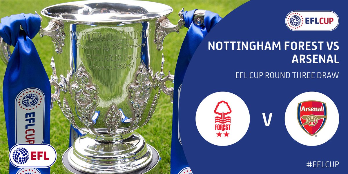 Hasil undian Piala Liga babak ke-3, Arsenal akan tandang melawan Nottingham Forest. Laga dijadwalkan 20 Sep. #EFLCup
