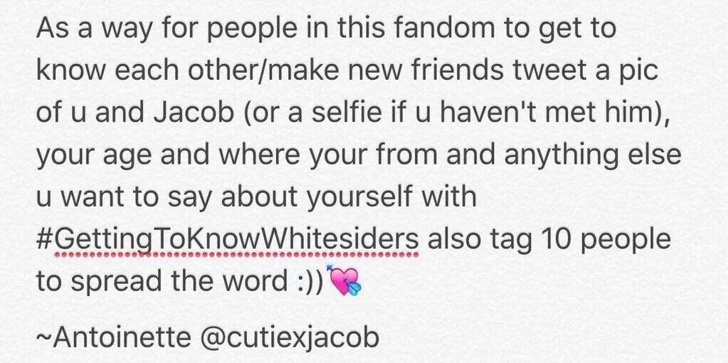 dinnerpartay's tweet photo. I'm Sara I'm 16 from the PA/Jersey area and Jacob's hugs are my favorite thing 💕😘❤️ #GettingToKnowWhitesiders https://t.co/nN8yv80QEM