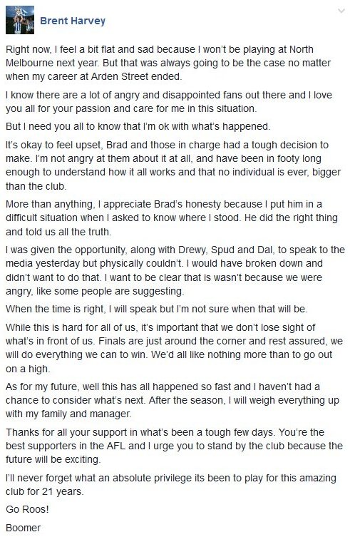 CLASS ACT BY BOOMER: <a href="/NMFCOfficial/">North Melbourne FC</a>'s Brent Harvey has posted a message to fans on his facebook page #AFL