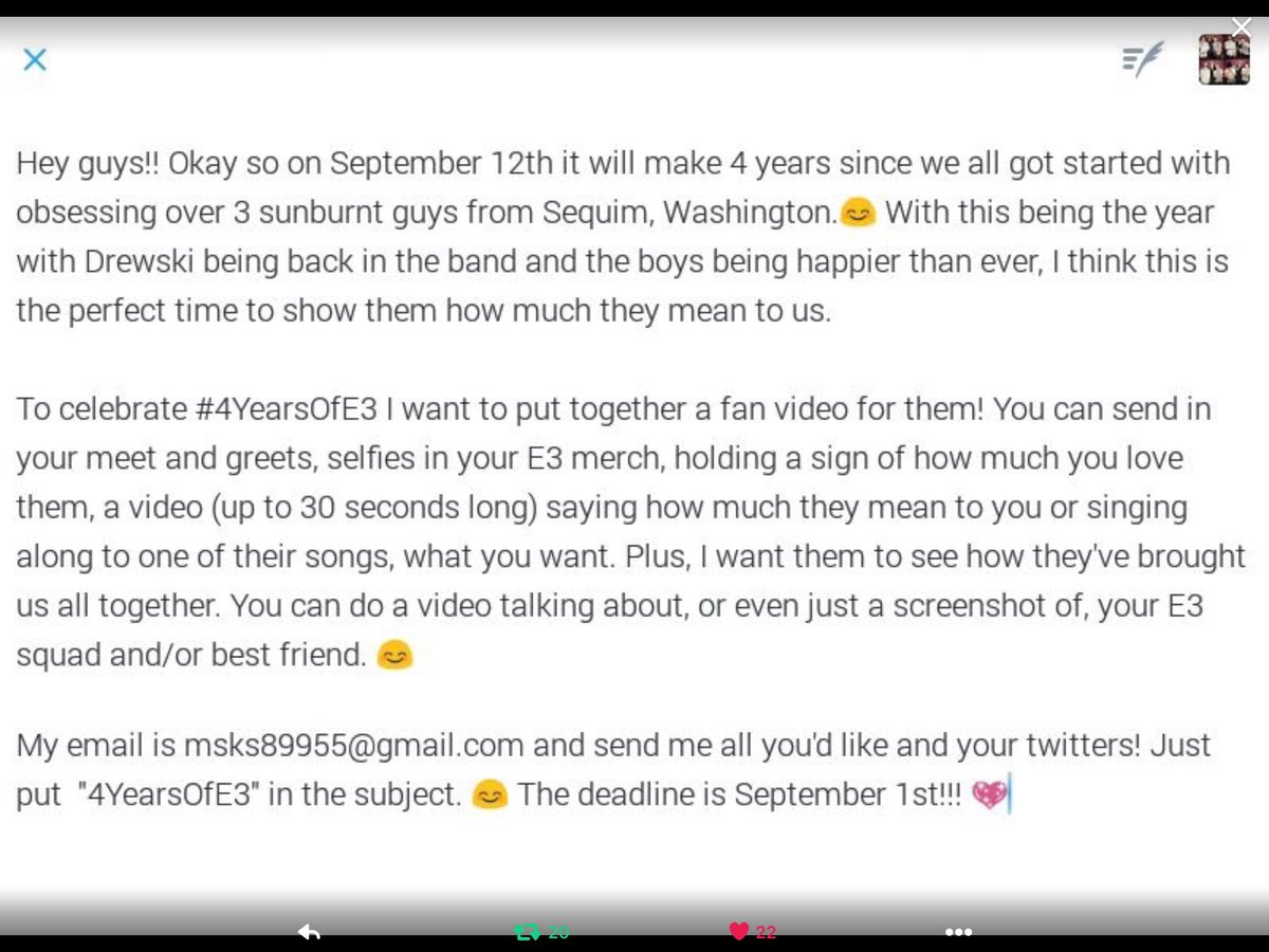 LaraineClaire's tweet photo. #4YearsofE3 Project! Send in your pics by Sept. 1 to msks89955@gmail.com @EmblemThree @E3WorldTeam https://t.co/lY91qBMYeX