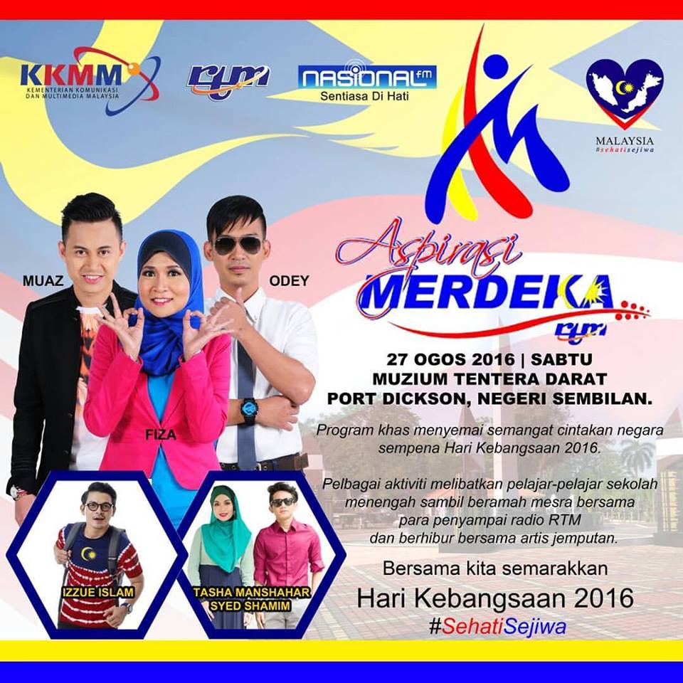 RTM_Malaysia's tweet photo. #AspirasiMerdeka #SehatiSejiwa Jom! Temui penyampai2 @Nasionalfm di Muzium Tentera Darat, Port Dickson Sabtu ini! https://t.co/Tv7ufEbsI3