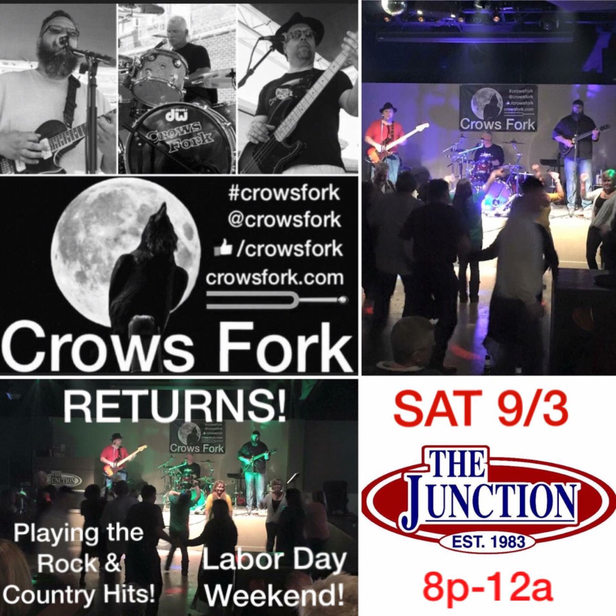 CrowsFork's tweet image. #crowsfork #band returns to the The Junction in #perrymo near #marktwainlake #LaborDay2016  Sat 9/3 8p-12a.