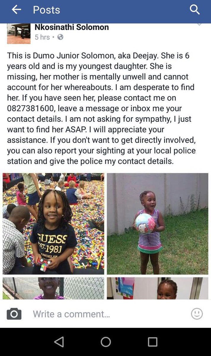 ma_Ndosi's tweet photo. MISSING CHILD. Details scanty but last seen date is 22.08.16 in Fourways, JHB area. Father distraught. Plz RT https://t.co/vErkc3EudV