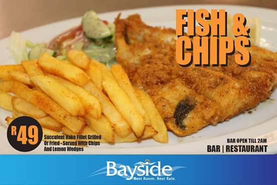 Our lunch special for today….. delish ☺. Join us for succulent fish and chips <a href="/baysidehotel/">BaysideHotel</a> #baysideresturant
