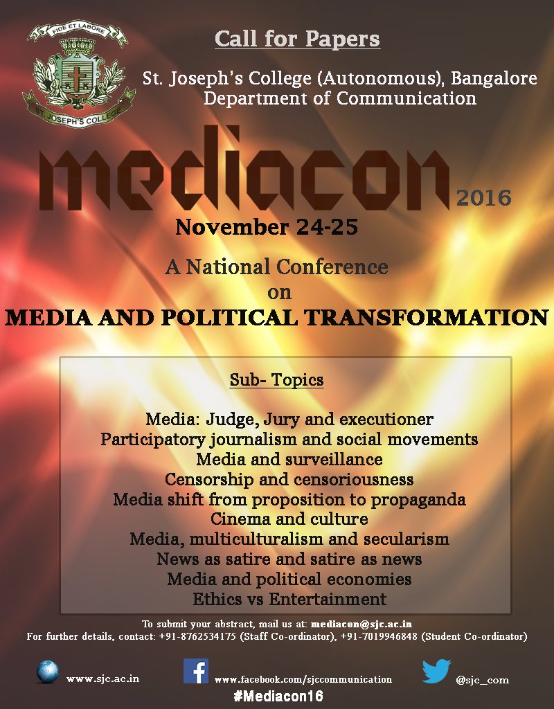 Scms_Sju's tweet photo. Send us the abstracts to mediacon@sjc.ac.in
#Mediacon16 - November 24,25 2016
@sjcbengaluru https://t.co/qTJnmI1OUz