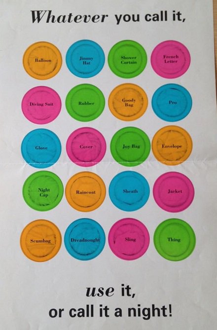 THTorguk's tweet photo. What's your favourite name for a condom? #TBT to this poster from our archive promoting condom use #joybag #nightcap https://t.co/2569l18A04
