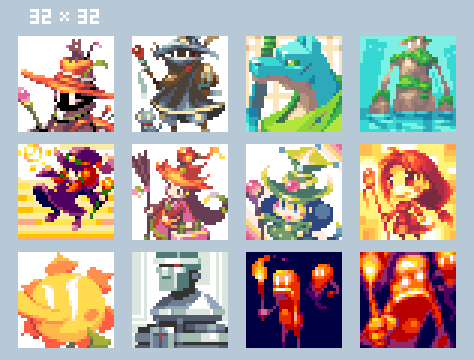 どんつく ドット絵 ３２ｘ３２サイズ画像作風色々まとめ ドットピクト にて作画した３２ｘ３２サイズのまとめ画像です 左上が一番最初に作画したもので以下順不同 Dotpict Pixelart T Co Gipkdsveij Twitter