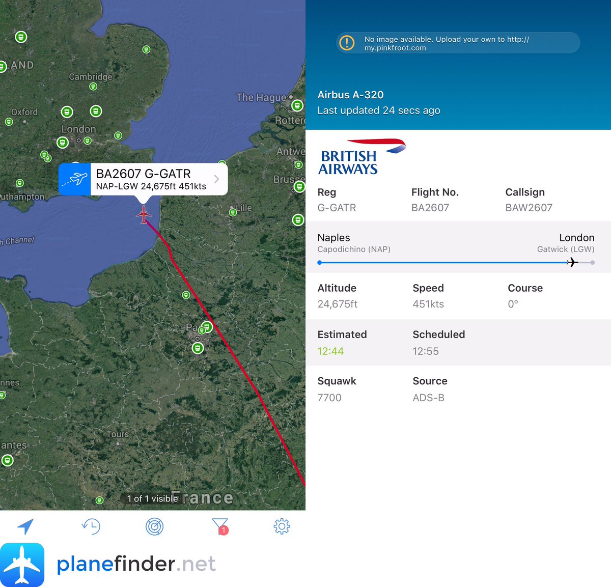 airlivenet's tweet photo. LIVE: British Airways #BA2607 has declared an emergency inbound to Gatwick via @planefinder https://t.co/ZooxlDlArJ - @NikPhillips666