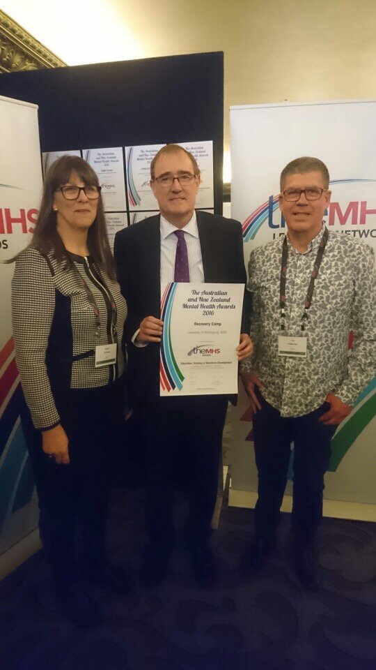 LornaMoxham's tweet photo. Dr Susan Sumskis &amp; Tim Heffernan - MH commissioner presenting award   @themhsorg for Recovery Camp @UOWGC https://t.co/Fl28q2Ab5D