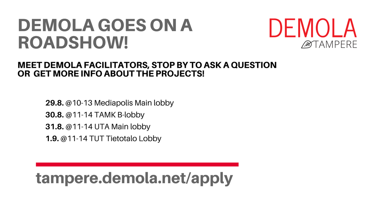 DemolaInFinland's tweet photo. Meet Demola facilitators at your campus & stop by to chat --> @MediapolisTre
@TAMK_UAS @UniTampere @TampereUniTech https://t.co/pLnXl66sXX