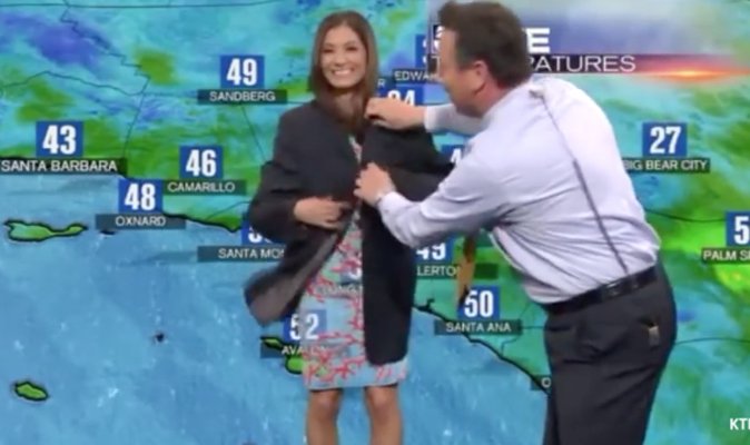 News Anchor Saves Weather Girl Embarrassing Wardrobe Malfunction