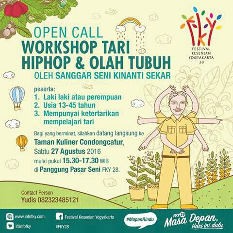 #jogja <a href="/sanggarkinanti/">Sanggar Seni Kinanti Sekar</a>: 27/8/16 15:30-17.30 Workshop Tari Hip Hop &amp; Olah Tubuh di tamkuliner | Gratis | 081228002213