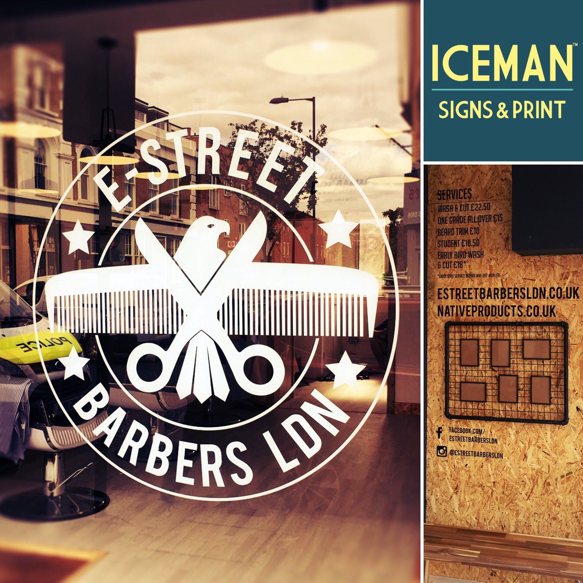 ICEMANSigns's tweet photo. Shop window signs and Wall vinyl lettering signs for @estreetbarbersldn #icemansigns #barbersclapton #printshop https://t.co/NnB8Wd0Sqi