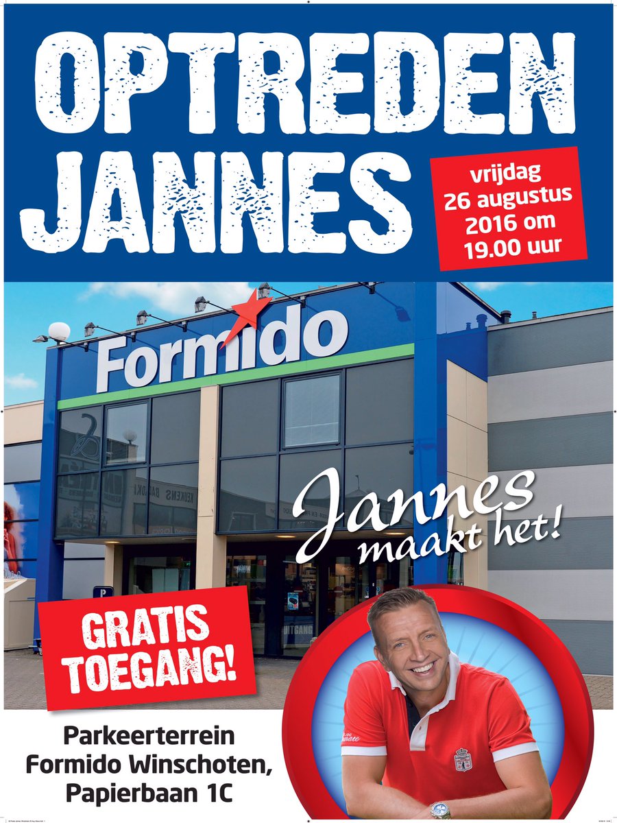 Vrijdag 26 augustus on 19:00 optreden van Jannes bij Formido Winschoten. I.v.m 15-jarig jubileum.