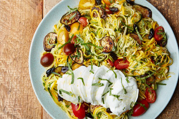 epicurious's tweet photo. Raw zucchini noodles hold pan-seared eggplant and tomatoes for a fresh take on ratatouille: https://t.co/JxHxrSnl6Q https://t.co/sqvKG5jbBR