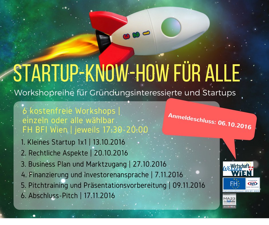 WienWw's tweet image. SAVE-THE-DATE: Workshopreihe &quot;Startup-Know-how für alle&quot; an @FHdesBFIWien mit @mhgiesswein ab 13.10. #startupknowhow