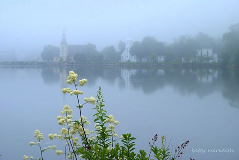 Churches in the fog....as beautiful as ever! Photo by Betty Meredith #MahoneBay #NovaScotia