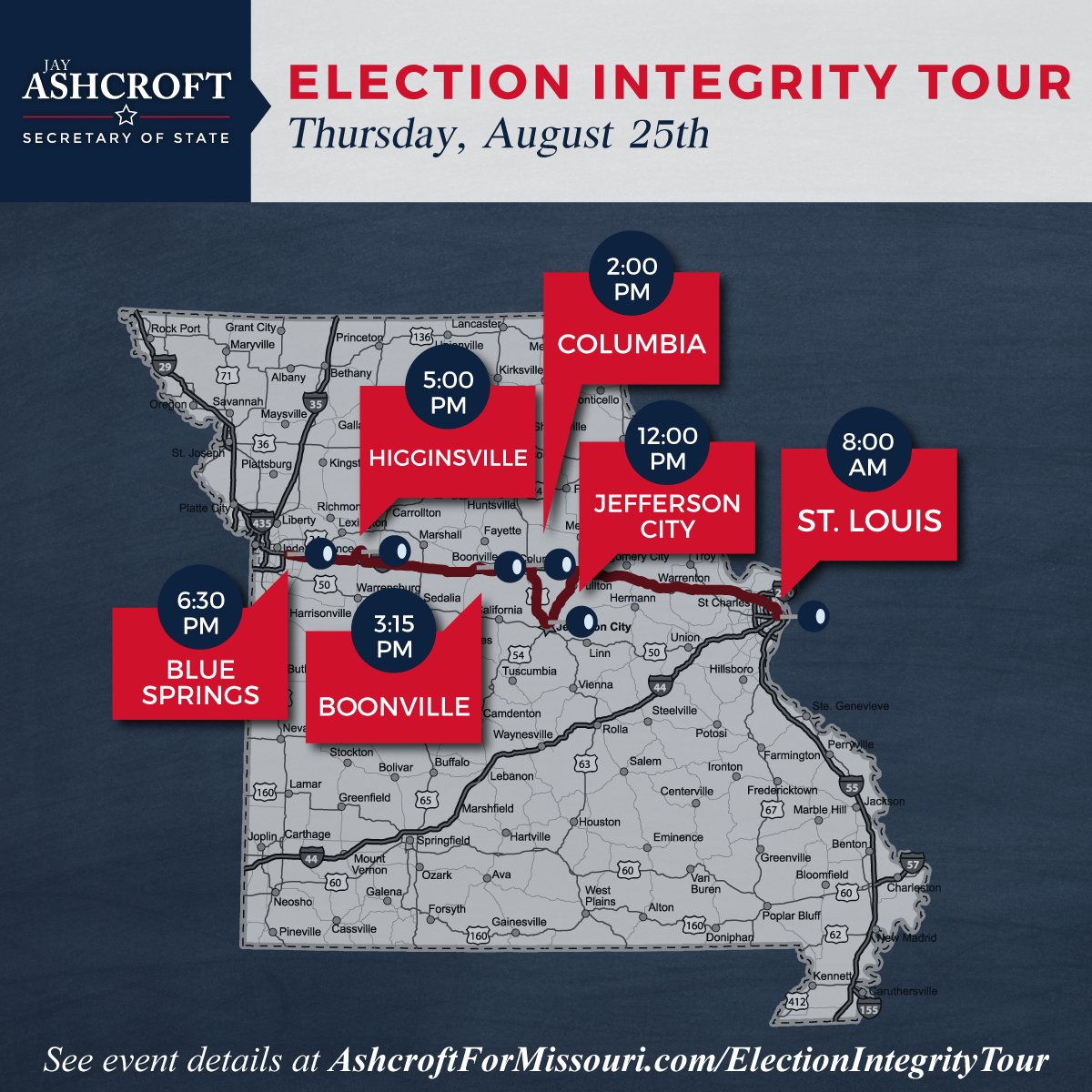 JayAshcroftMO's tweet photo. The #ElectionIntegrityTour kicks off today! See where the #AshcroftOne will be at https://t.co/OAsEOtMaKo https://t.co/UANsaLx93a