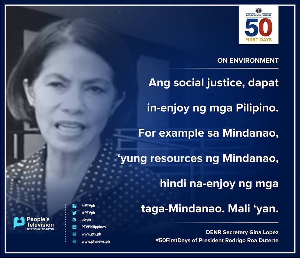 PTVph's tweet photo. LOOK: DENR Secretary Gina Lopez on the #50FirstDays of #PresidentDuterte https://t.co/8yRMVnM6Z4