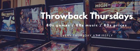 Every Thurs! 4-7pm #ThrowbackThursday #80smusic #arcadegames #HappyHour. $5burgers Also, Pinball League at 6pm!