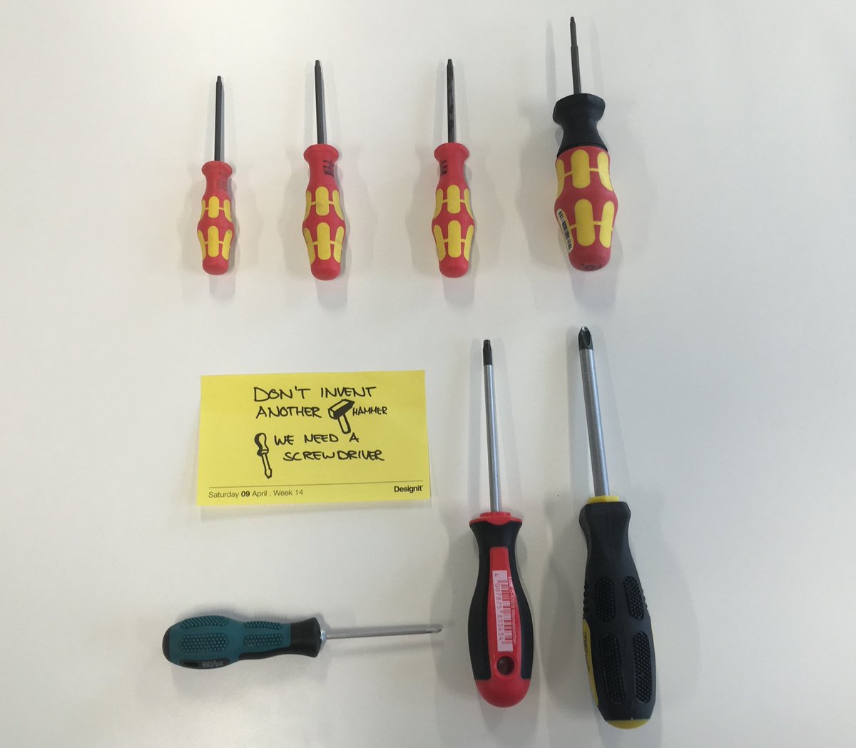 Designit's tweet photo. #TipOfTheDay: 'Don't invent another hammer, we need a screwdriver'. #TipsForInnovation #Design #ThursdayThoughts https://t.co/j1mEJfzb3k