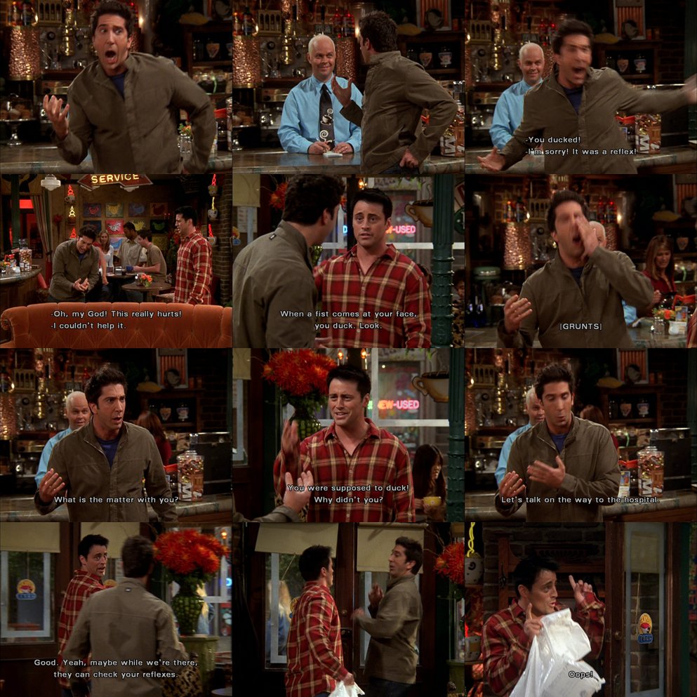 F.R.I.E.N.D.S Fan (Please RT) on Twitter: &quot;#Ross: Oh my god, this really  hurts!!! #Joey: I couldn&#39;t help it! When a fist comes at your face, you  duck! Look! (He goes to punch