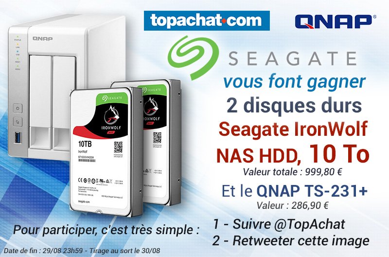 TopAchat's tweet photo. #Concours
Avec @Seagate, gagnez 2 énormes DD IronWolf 10 To &amp; 1 NAS Qnap !
 
Follow @TopAchat + RT pour participer ! https://t.co/EhtGaG1L4y